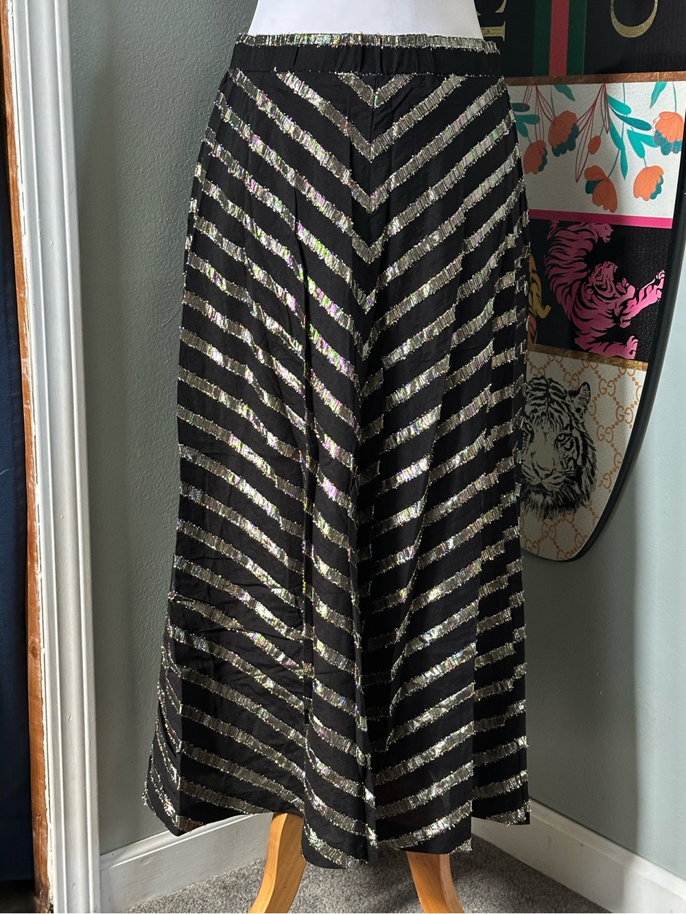 Alfani Black Metallic Gold Stripe A-Line Zippered Skirt Art Deco Cottagecore